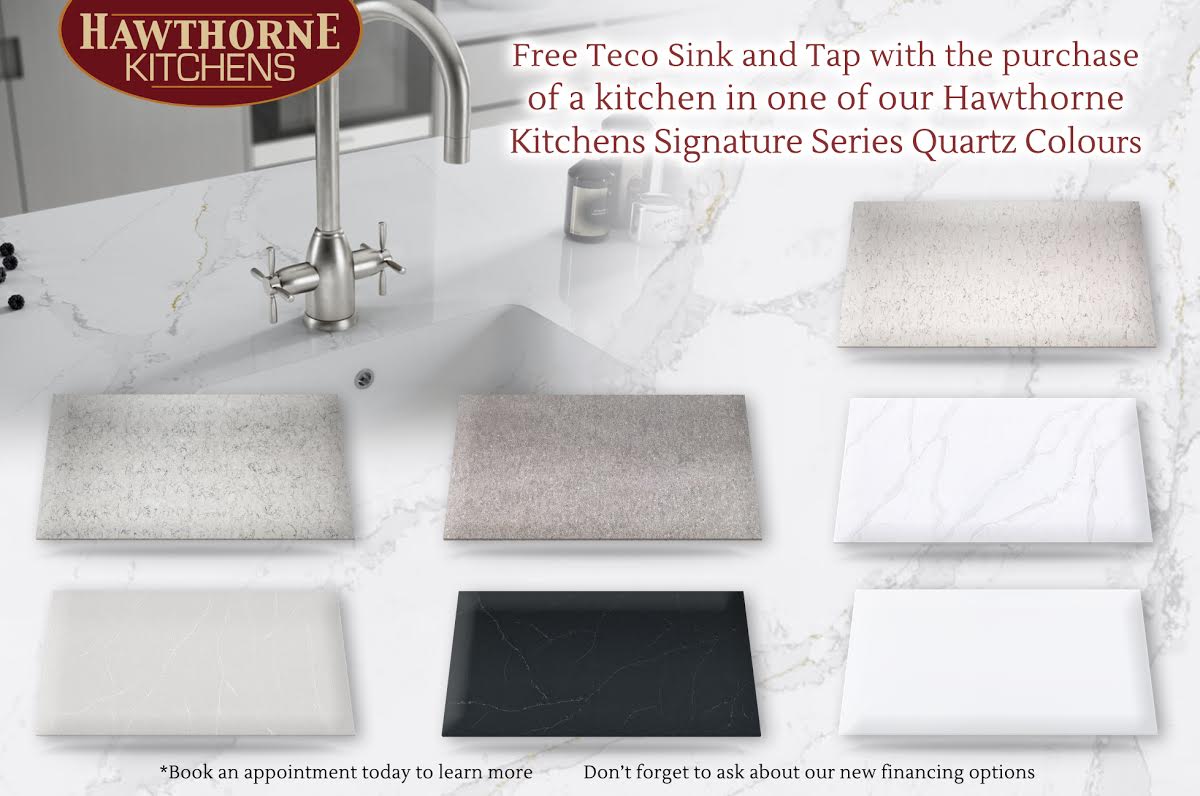 Free Teco Sink and Tap with the purchase of a kitchen in one of our Hawthorne Kitchens Signature Series Quartz Colours