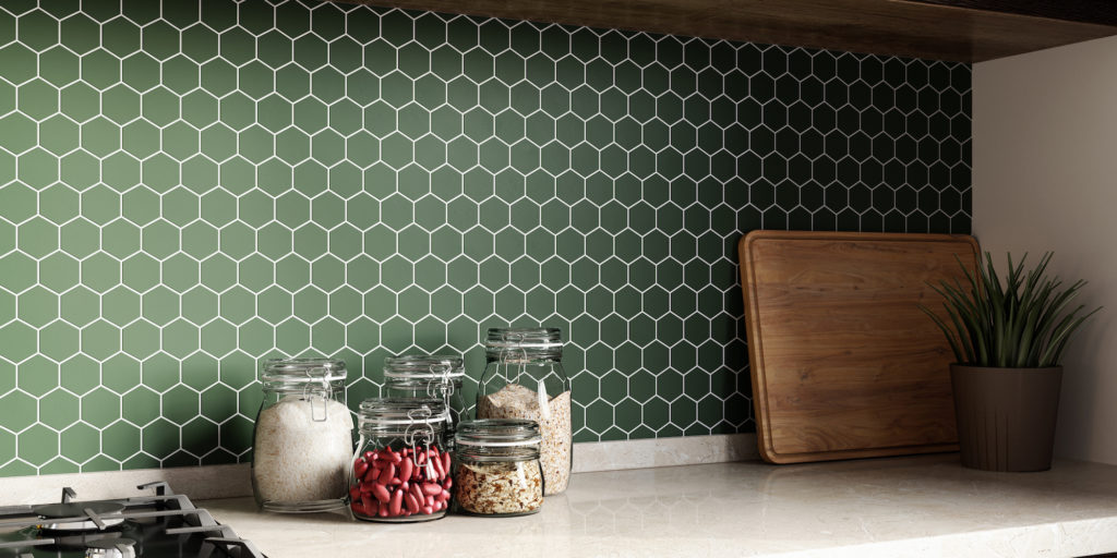 beautiful green tile black splash in custom kitchen